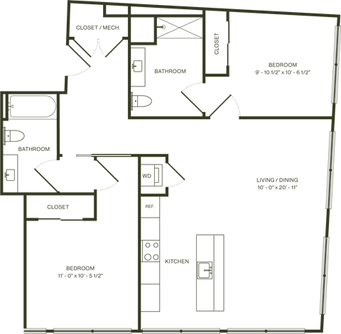 Floor plan for 2 beds, 2 baths, 1057 sqft